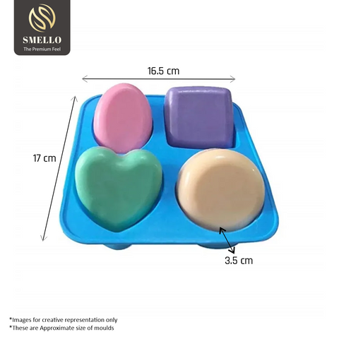 Smello's 4 Cavity Oval Circle Square and Heart Silicon Moulds (BS 108)