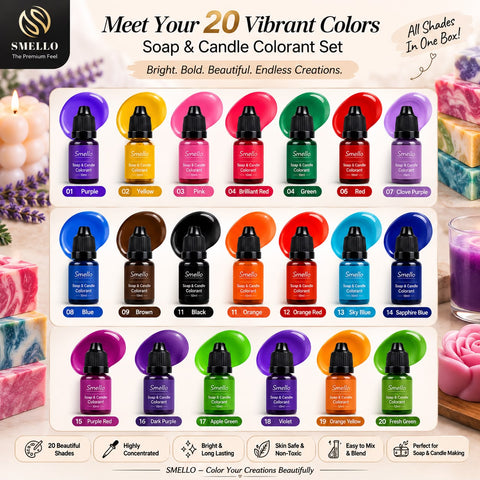 SMELLO Premium Soap & Candle Colorant Set – 20 Vibrant Liquid Colors (10ml Each)